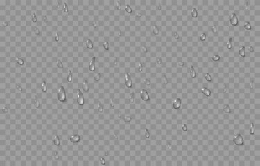 Vector water drops. Drops png, condensation on the window, on the surface. Realistic drops on an isolated transparent background.