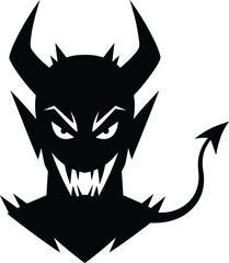 Evil demon head silhouette, angry devil face with horns, sharp teeth, tail, scary monster vector art, Halloween horror icon, gothic dark fantasy illustration, black graphic