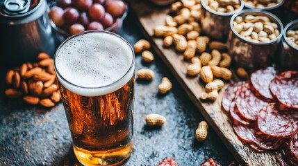A glass of beer accompanied by nuts, salami slices, and grapes on a rustic table setting.