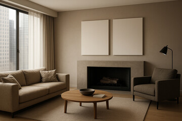 Beige Living Room Apartment Modern Minimalist Interior Design Two Empty Canvas Artwork Fireplace Sofa Armchair