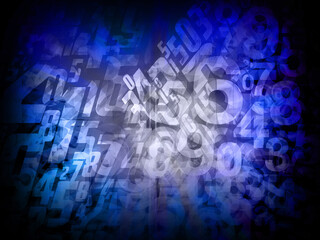 abstract gradient blue and grey and black background , stack and overlaid on blur numerous fragmented and distorted numerical and alphabetical characters background
