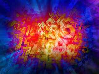 abstract colorful and gradient blue and pink and violet background , overlaid on blur numerous fragmented and distorted numerical and alphabetical characters background