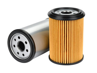 Two Modern Car Oil Filters, Standing and Lying Flat, Clean Metal Finish, isolated on white background  