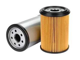 Two Modern Car Oil Filters, Standing and Lying Flat, Clean Metal Finish, isolated on white background  
