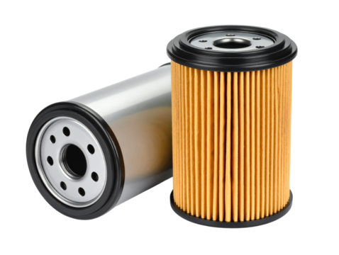 Two Modern Car Oil Filters, Standing and Lying Flat, Clean Metal Finish, isolated on white background  