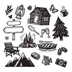 Camping illustration with log cabin, fire, and forest elements.
Adventure gear includes canoe, binoculars, and compass.
Vector in sketch hand draw styfor travel, hiking, and outdoor relaxation themes.
