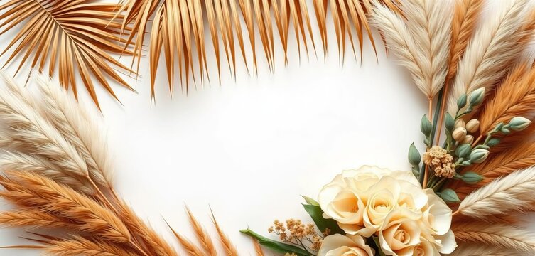 Elegant tropical boho save the date card design featuring dried palm leaves, pampas grass, beige hydrangea, lagurus, and lunaria bouquet, boho wedding,  palm leaves