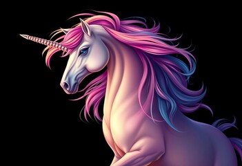 Elegant unicorn, flowing mane, dark background, contemporary art style, mystical, majestic,  elegant,  illustration