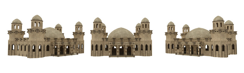 Islamic mosque building. Set of isolated 3D renders from 3 angles.