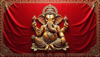 Golden Ganesha Sculpture on Red Fabric