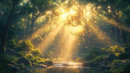 Obraz premium Sunlight filtering through trees in a serene forest with a gentle stream