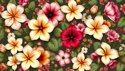 Fototapeta premium Elegant vintage floral seamless pattern featuring realistic jasmine, petunia, croton, and wildflowers in a baroque style, petunia, set