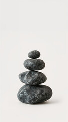 Balancing stack of gray stones on a white background represents calm and serenity