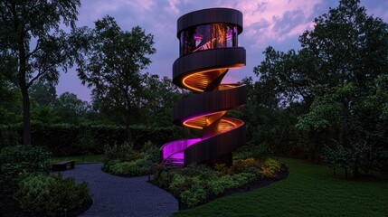 Modern spiral tower in garden at twilight