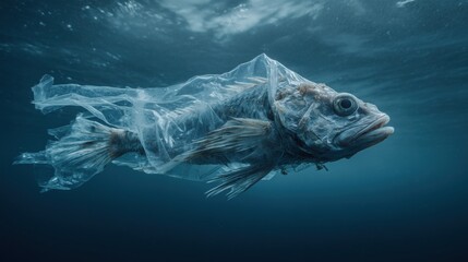 A dead fish trapped in a plastic bag floats in clear turquoise waters, a tragic symbol of the devastating impact of plastic pollution on marine life