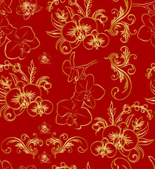 seamless orchid pattern with a golden gradient outline on a  dark red background.Isolated, close-up