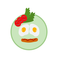 Cute Food Smiley Fried Eggs Sausage Tomato slices and Green Leaves Breakfast Motivation Design idea