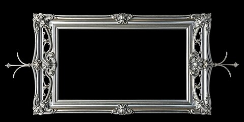 Elegant vintage silver rectangular frames with sparkling metal ornament, isolated on black  ,  luxury,   black background