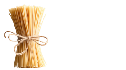 A bundle of dry pasta noodles tied with twine against a white background.
