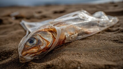 Washed ashore, a decaying fish trapped in plastic lies on the sand, a stark and tangible reminder of the fatal consequences of ocean pollution