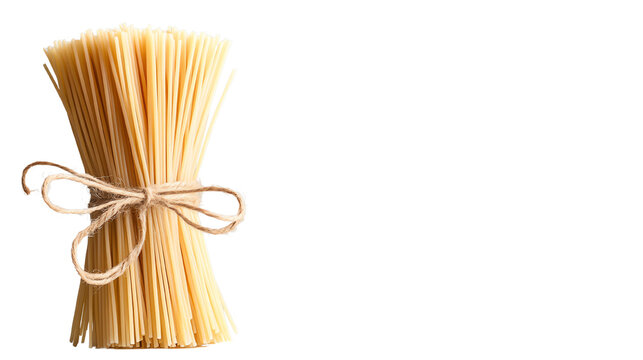 A bundle of dry pasta noodles tied with twine against a white background.
