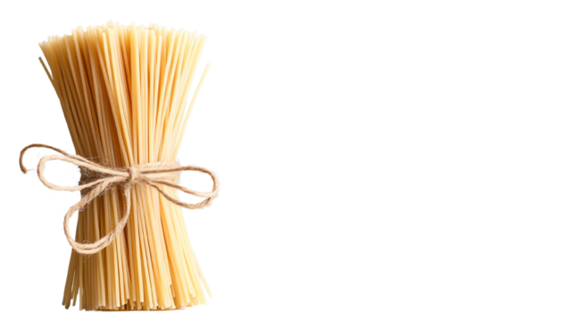 A bundle of dry pasta noodles tied with twine against a white background.