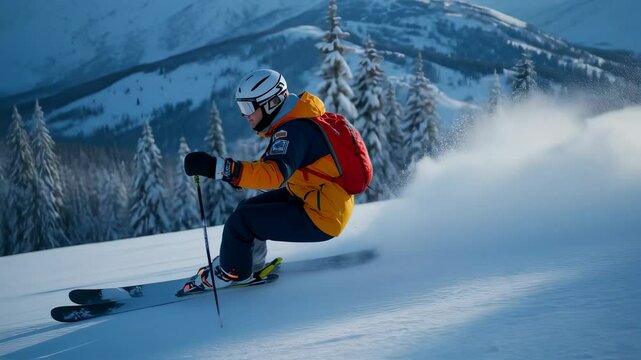 Spectacular downhill skiing adventure amidst the pristine snowy slopes of the mountains