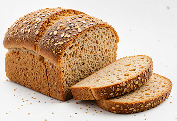 Loaf of fresh rye bread isolated on white background with healthy crust and whole grain texture