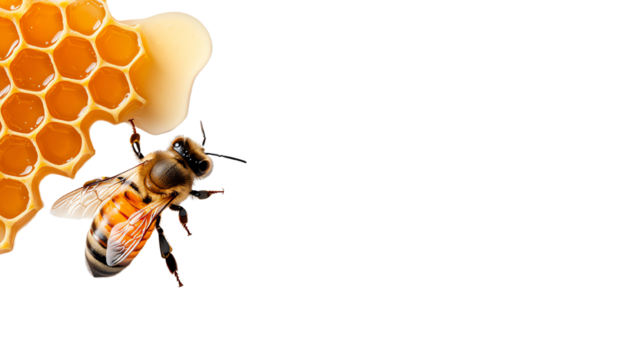 A detailed close-up of a bee on honeycomb, showcasing intricate patterns and colors against a clean background.