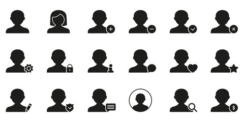 User Profile Management Icon Set. User Interaction, Account Settings, And Privacy Control Silhouette Symbol Collection. Includes Add, Remove, Edit, And Search Functions. Isolated Vector Illustration