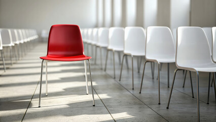 vacancy job. A single red chair stands out among a row of white chairs in a bright, minimalist space, highlighting contrast and design.