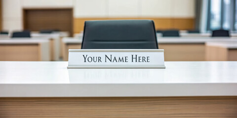 vacancy job. A vacant chair at a conference table with a nameplate that reads "Your Name Here," suggesting a professional or business setting.