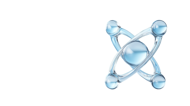 Abstract molecular structure illustration with blue atoms on a transparent background.