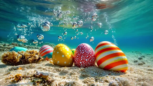 Colorful easter eggs underwater with bubbles in a vibrant ocean scene. Easter, Pascha, Paskha, Ostern, Pascua, Paques - Orthodox and Catholic Holiday celebration