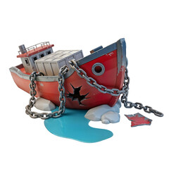 Damaged Cargo Ship with Cracked Hull and Chains on Rocks for Maritime Risk Concept