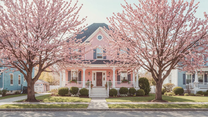 Obraz premium House with blooming cherry blossom trees in spring season