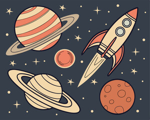 Retro-Futuristic Space Scene with Planets and Spaceships