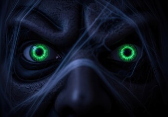 Haunting stare of eerie green-eyed face at night