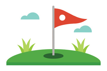 Red flag on green grass golf course icon vector illustration on white background