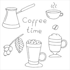 Coffee time doodle set, hand drawing, vector illustration