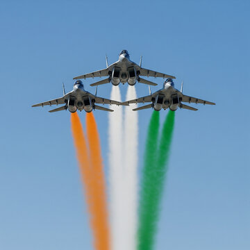 three fighter jets front view with tricolor smoke trails for independence day