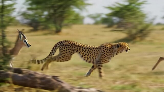 Cheetah running through savanna grassland with gazelles and springboks