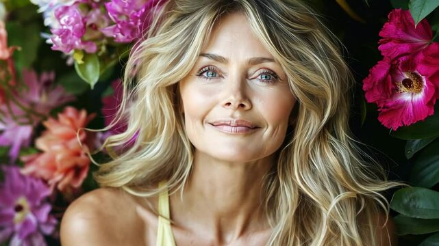 Smiling mature caucasian woman amid vibrant flowers. March 8, International Women's Day. Mother's Day