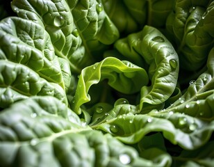 Fototapeta premium Lush Green Leafy Vegetables with Dew Drops Fresh Organic Produce Macro Photography