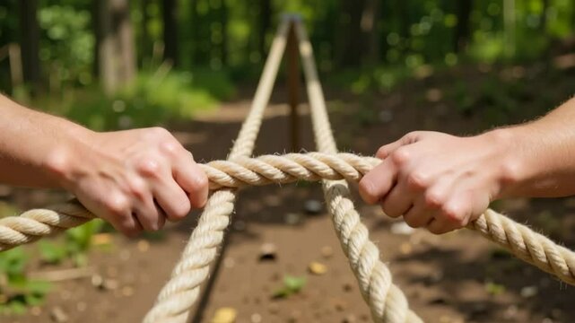 Two hands gripping rope during a tug-of-war in the forest  