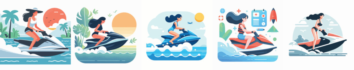 vector character woman playing jet ski in the sea