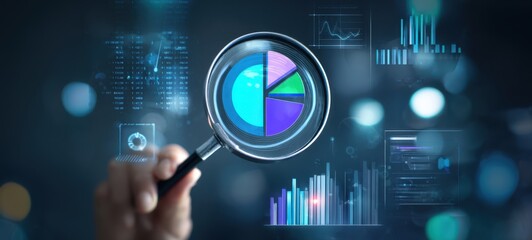 The magnifying glass focusing on pie chart and data analysis visualization
