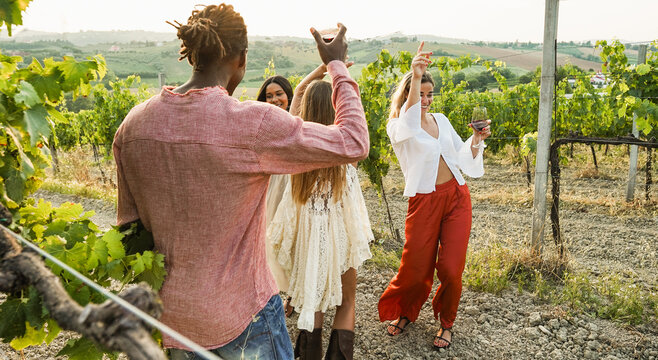 Multiracial friends dancing at summer party inside vineyards - Happy people having fun together during wine taste event - Travel and celebration concept - Focus on blond girl face