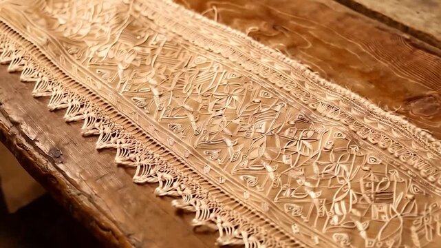 Ornate, cream-colored embroidered lace runner on a rustic wooden table