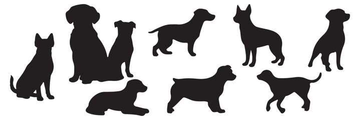  Group of dogs various poses vector silhouettes collection. Vector, on a white background, black silhouette of a dog standing, set.